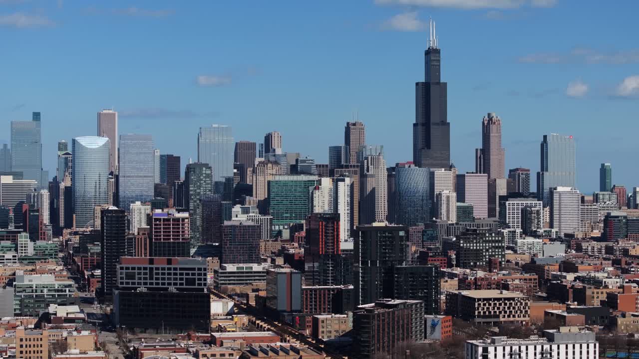 Establishing Aerial View of Downtown Chicago Skyline. Tall Buildings