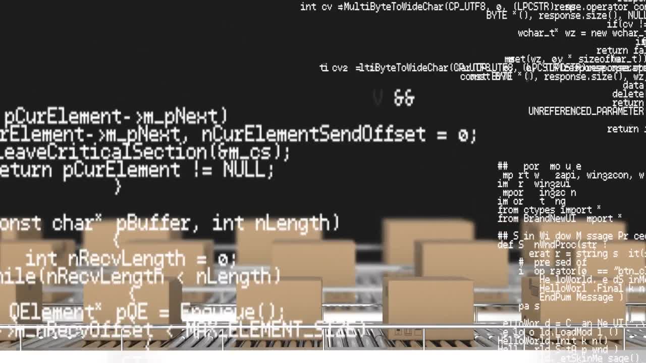 컨베이어 벨트에 있는 카드보드 상자 위의 데이터 처리 애니메이션