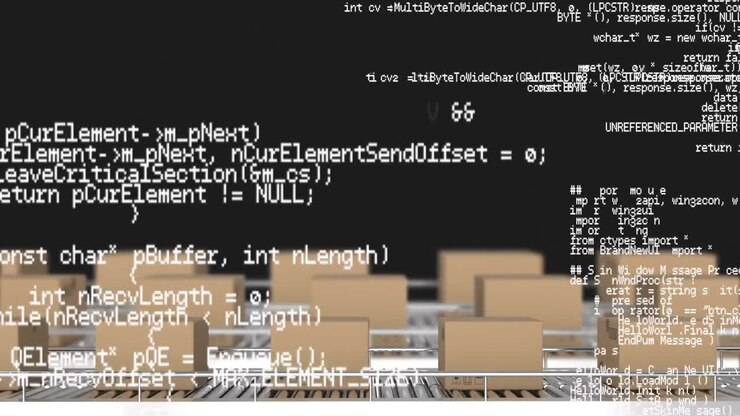 Animation of data processing over cardboard boxes on conveyor belts