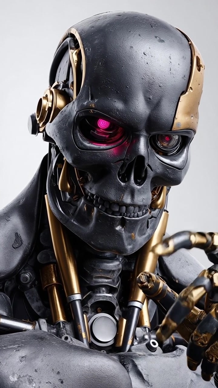 Teschio robotico metallico dettagliato con occhi rossi luminosi e intricati componenti meccanici in un rendering 3D futuristico