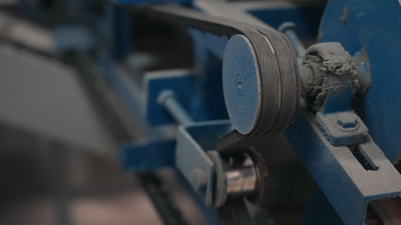 Detailed view of a belt driven pulley system operating inside a rubber recycling machine