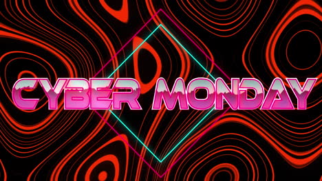 Animación-Del-Banner-De-Texto-Del-Cyber-Monday-Sobre-Un-Patrón-Abstracto-De-Caleidoscopio-Rojo-Sobre-Fondo-Negro