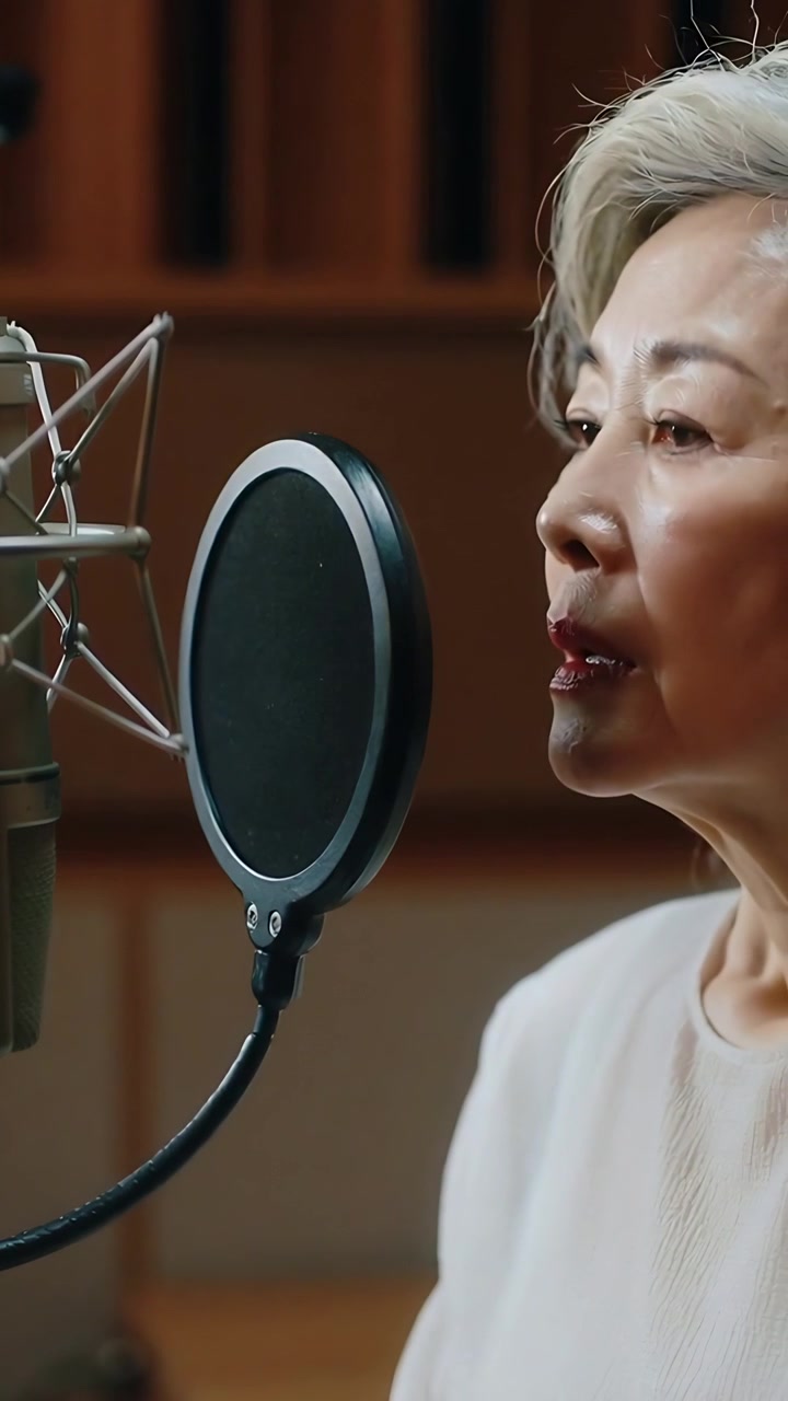 Vidéo verticale : Chanteur asiatique âgé inspirant en chantant, ajustant un filtre anti-pop dans une cabine avec un micro