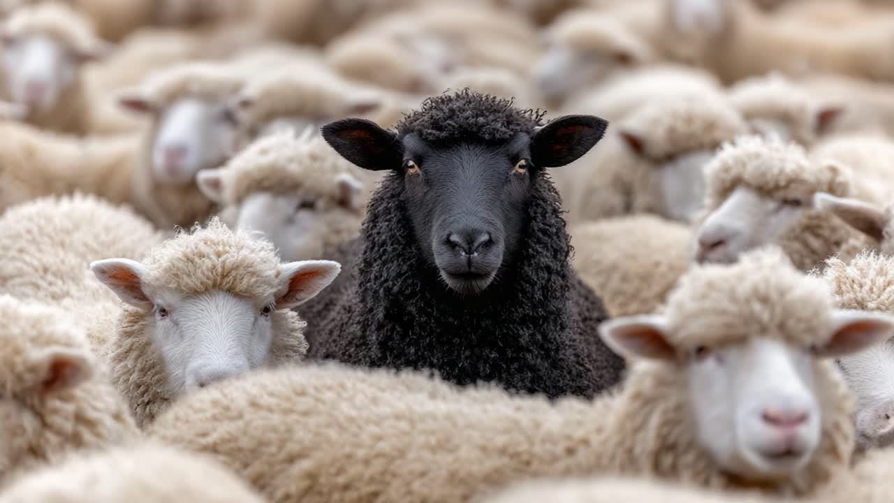 A solitary black sheep stands out amidst a crowd of fluffy white sheep, highlighting the theme of individuality versus conformity in the animal kingdom