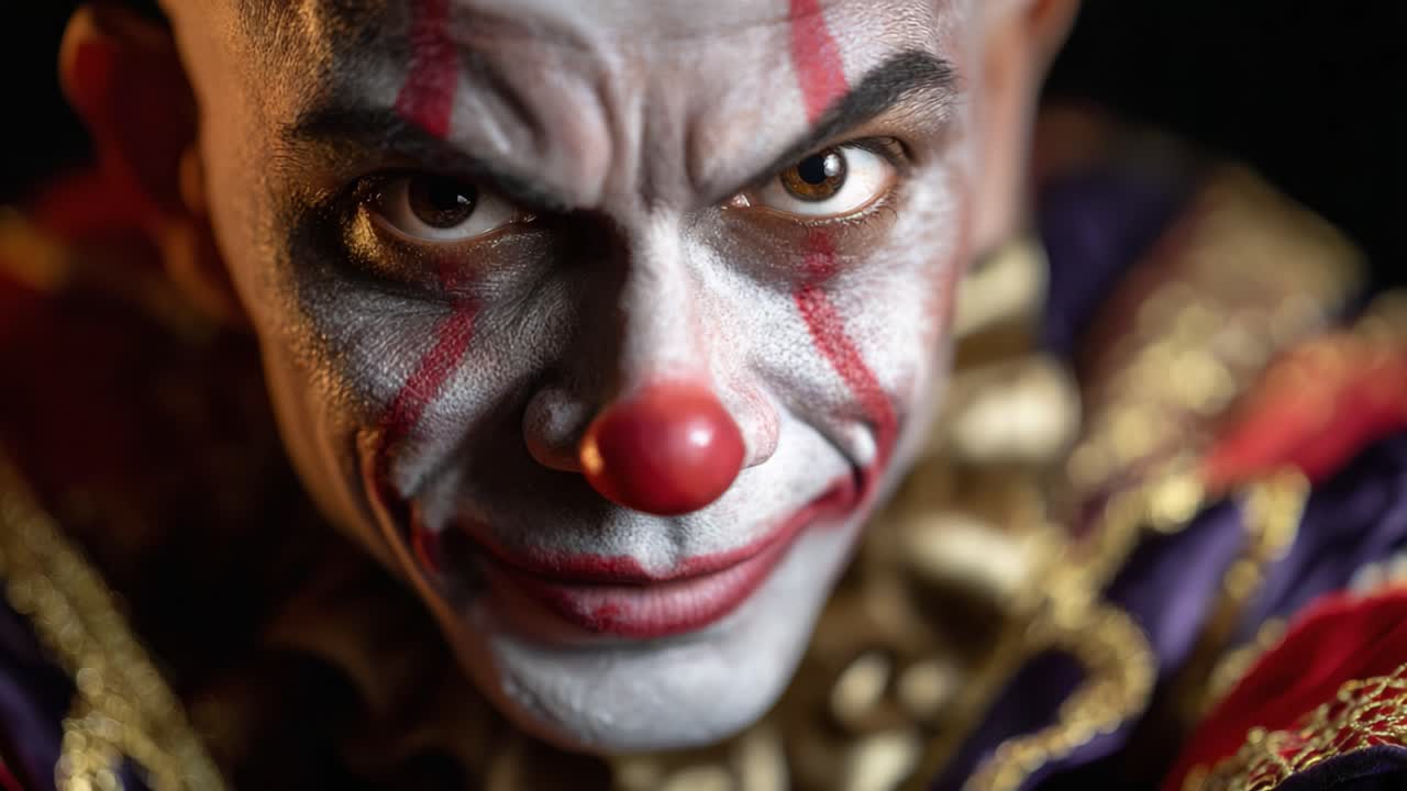 Intense Close-Up of a Clown with Detailed Makeup and Costume, Exuding a Mysterious and Intriguing Expression, Perfect for Exploring Themes of Fear and Fascination