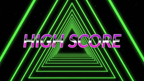 Animation-of-high-score-text-in-glowing-letters-over-neon-triangle-geometric-tunnel
