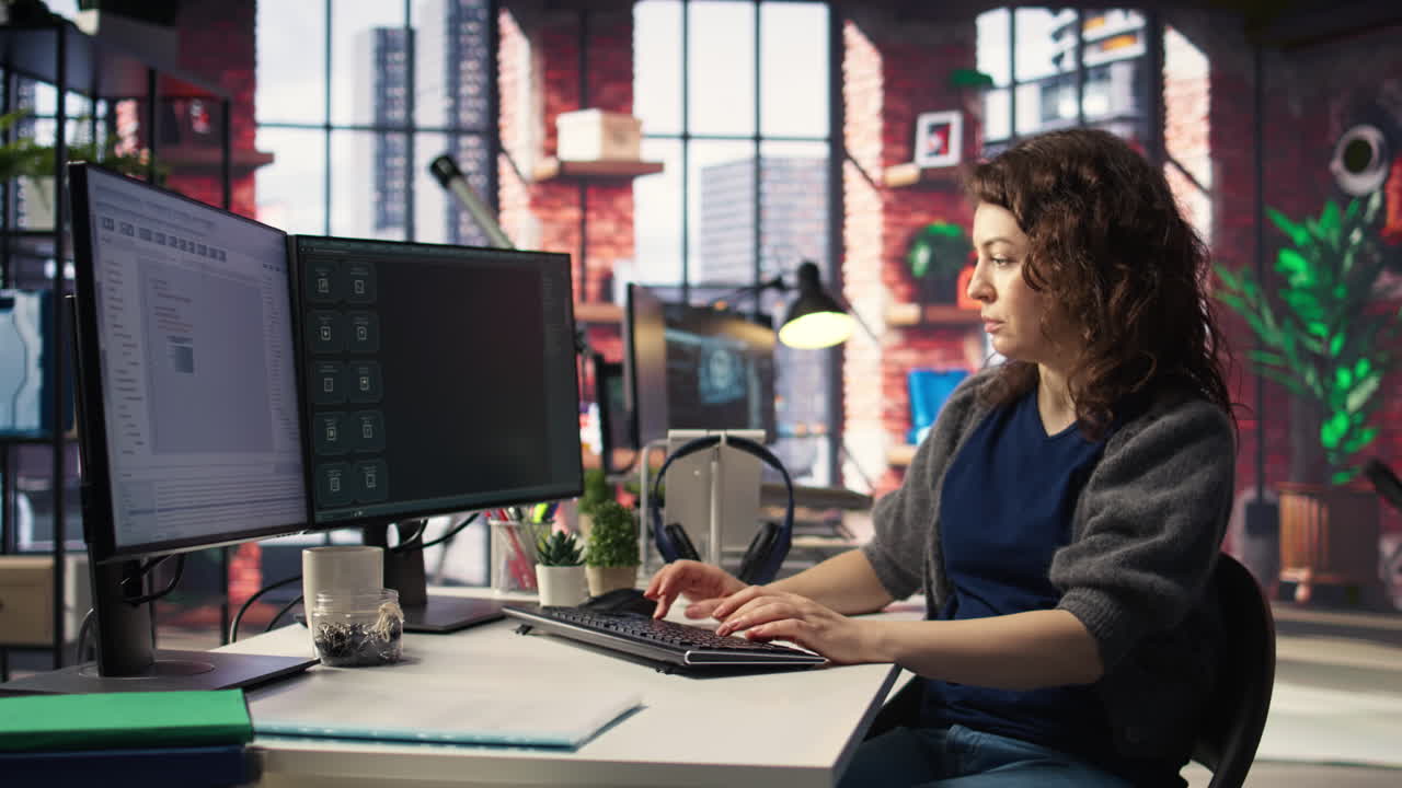 Freelancer woman employs online AI assistant to automate text generation