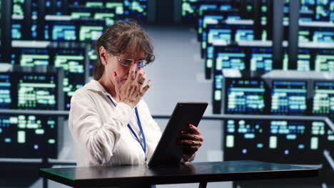 serviceman with tablet fixing servers