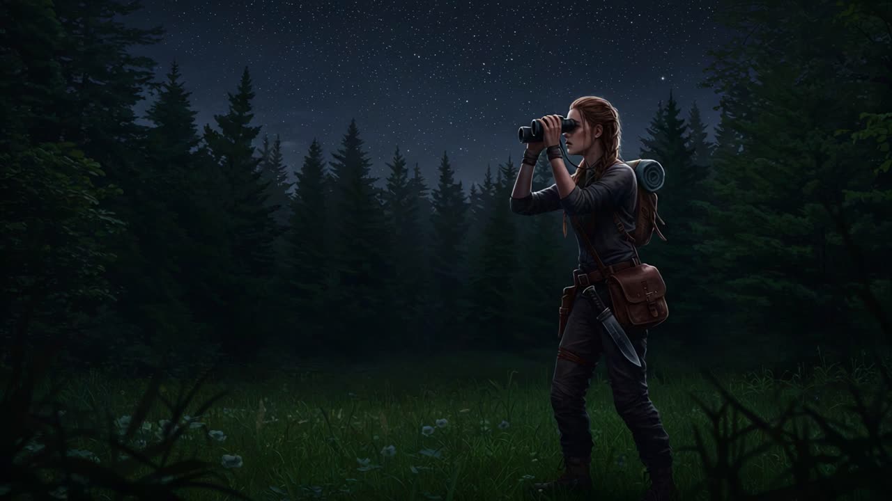 A Brave Adventurer Stands Beneath a Starry Sky, Equipped with a Camera and a Backpack, Ready to Capture the Beauty of the Night in a Lush Wilderness Setting