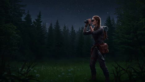 a brave adventurer stands beneath a starry sky, equipped with a camera and a backpack, ready to capture the beauty of the night in a lush wilderness setting
