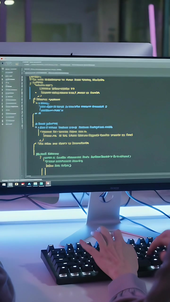 Vertical video: Entering hand, dev typing and editing code at desk with keyboard to debug