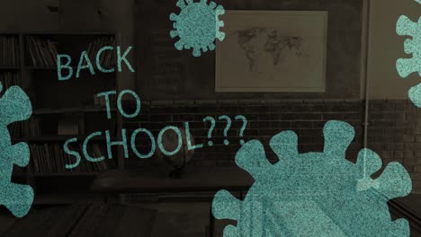 back to school text and covid-19 cells against empty classroom