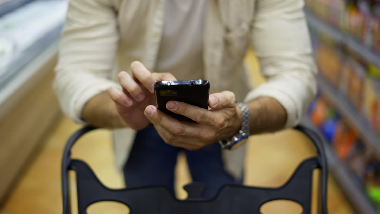 un hombre de mediana edad camina por la tienda, lleva un carrito y sostiene un teléfono en sus manos. fotografía macro