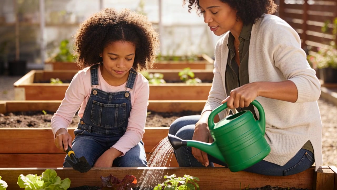 Child digging leading woman pouring water while guiding at raised bed, with trowel and watering can