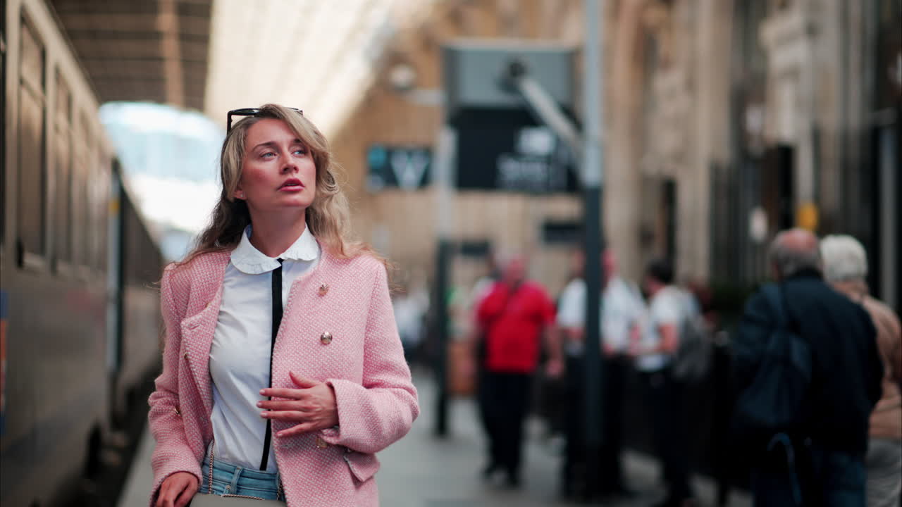 Woman in a pink blazer walking and looking around through the Nice train station in France