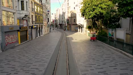 taksim beyoglu, i̇stiklal avenue, with drone from istanbul no people, covid-19 pandemic curfew istiklal street.