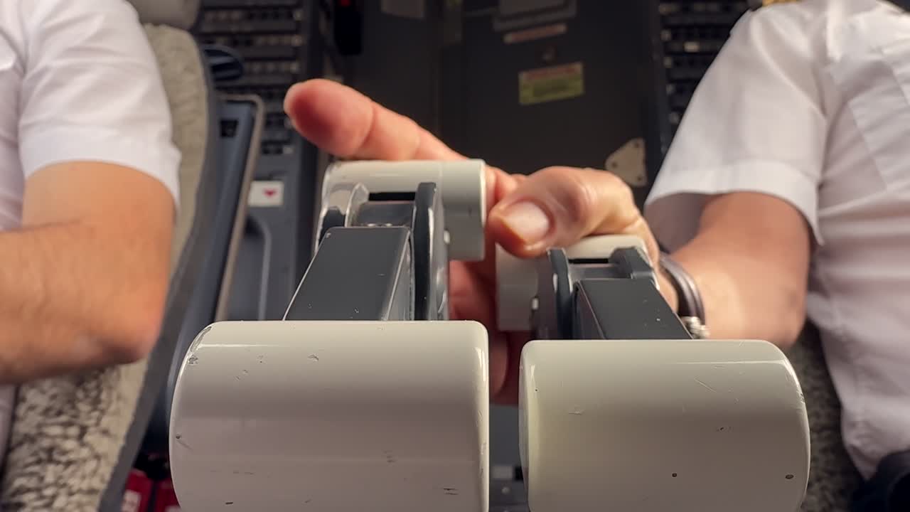 Close-up view, low angle shot, of the hands of a pilot adjusting the throttle levers in a jet cockpit