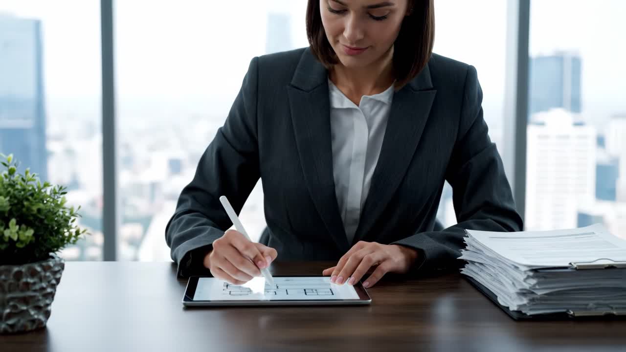 Businesswoman working on tablet with architectural plans