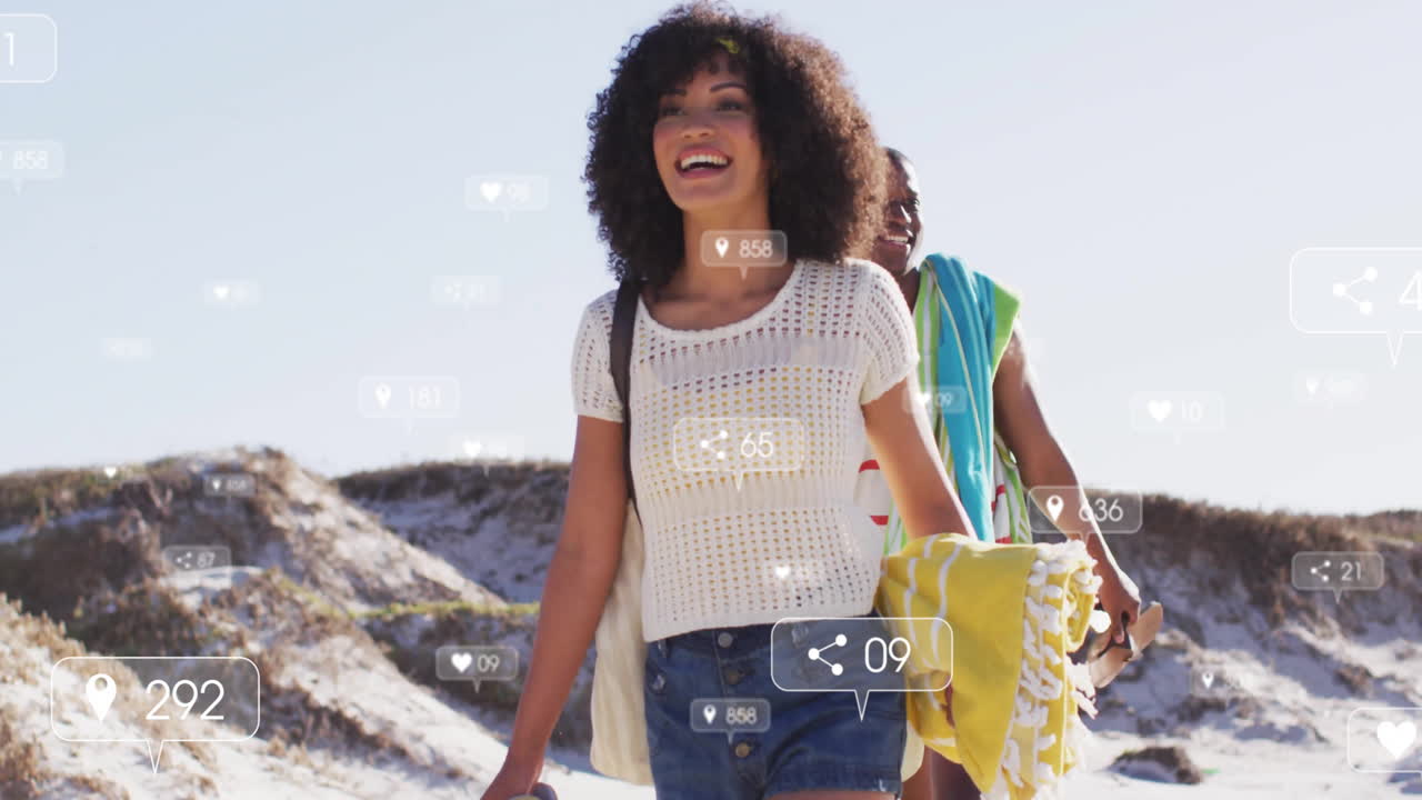 Walking on beach, people with animation of social media interaction icons