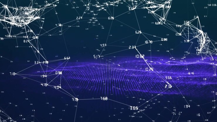Animation of network of connections and purple wave on blue background