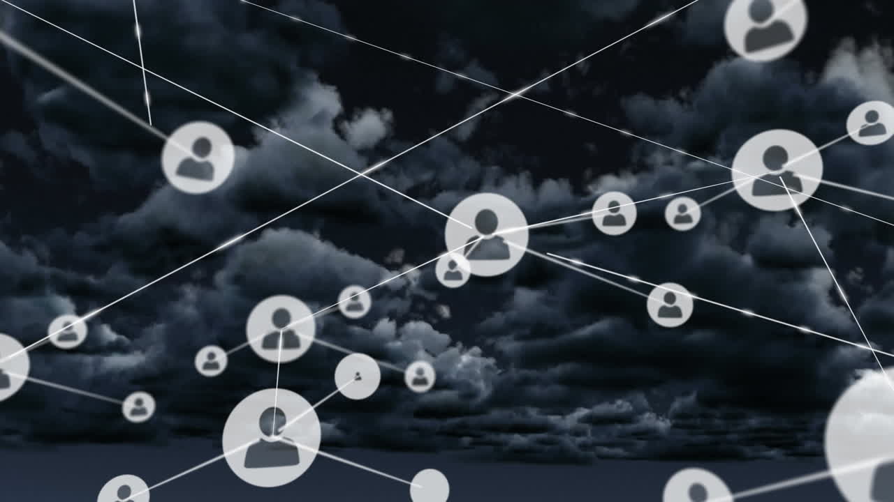 Network of profile icons over dark clouds in the sky