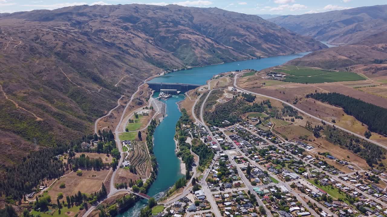 Aerial view of Clyde Dam by Cromwell in New Zealand's scenic landscape