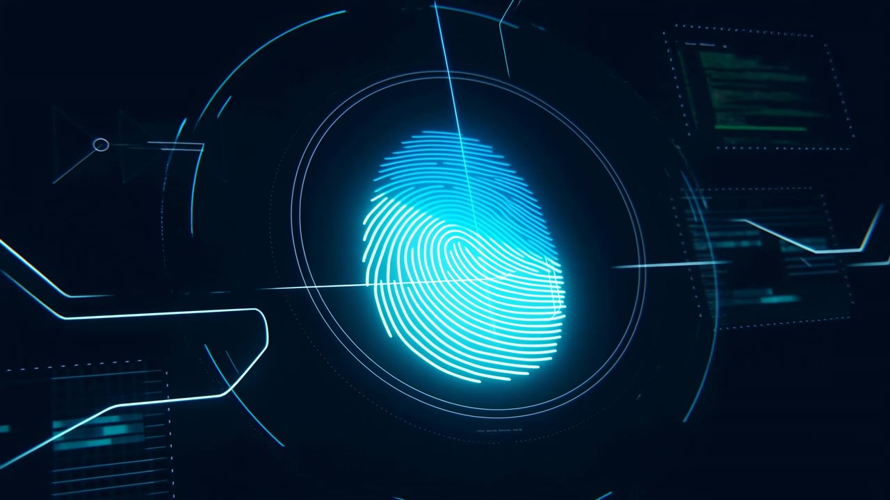 Blue Fingerprint Scan Holographic Interface Displays Glowing Ridge Patterns, Animated Circuit Overlays, Live