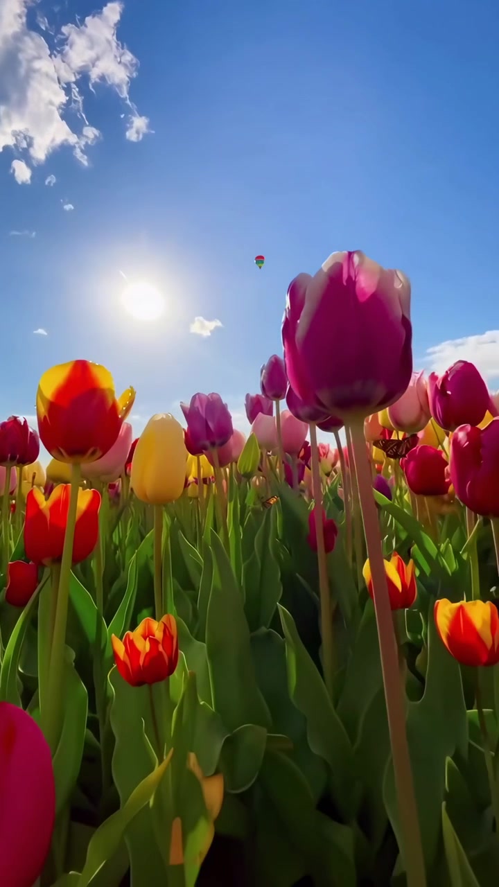Vibrant Tulip Field Under a Sunny Blue Sky with a Hot Air Balloon