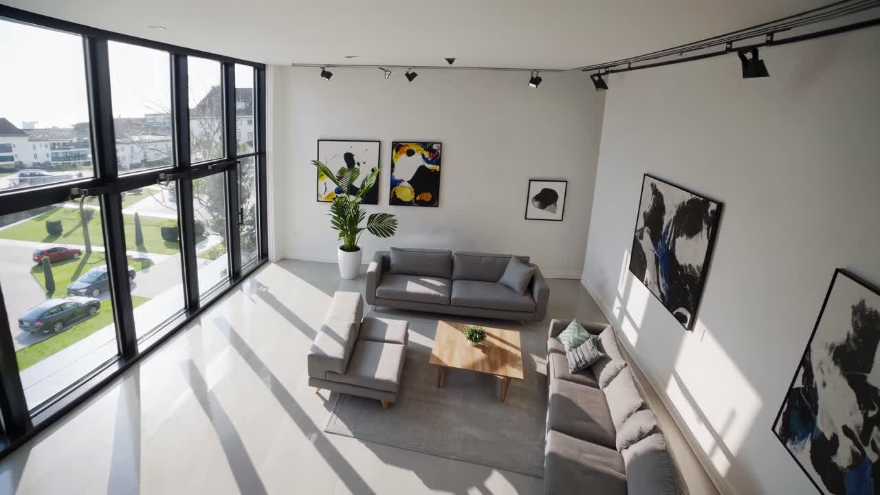 Modern living room with large windows, shot from a high angle