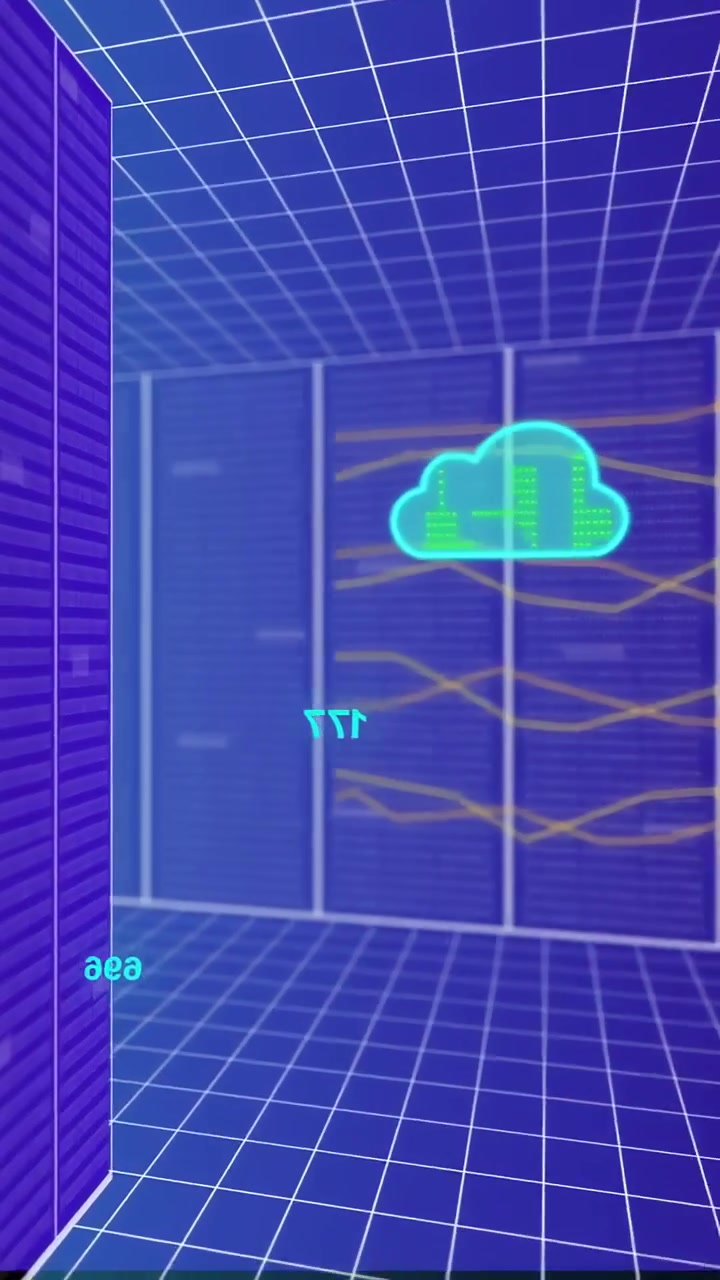 Vertical video: Neon cloud hologram appearing on wall, duplicating and moving forward, showing data