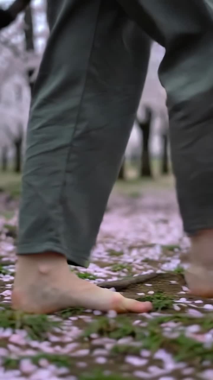 Dikey video: Kısa paçalı pantolonla koru yolu boyunca düşmüş yaprakları takip eden yalınayak yürüyen kişi.