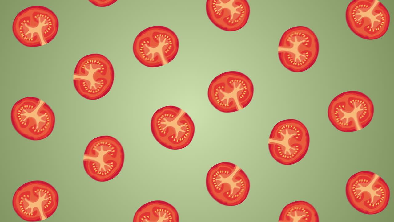 Tomato Animation. 4K Animation Of Red Tomatoes Rotating On Green Background. Fruit And Vegetable Graphic. Looping Background Graphic. Healthy Plant Based Vegan Healthy Salad