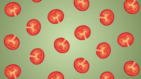 tomato animation. 4k animation of red tomatoes rotating on green background. fruit and vegetable graphic. looping background graphic. healthy plant based vegan healthy salad