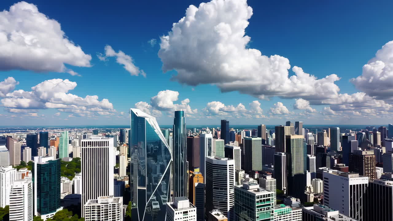 Aerial View of a Modern City Skyline with Skyscrapers and Clouds
