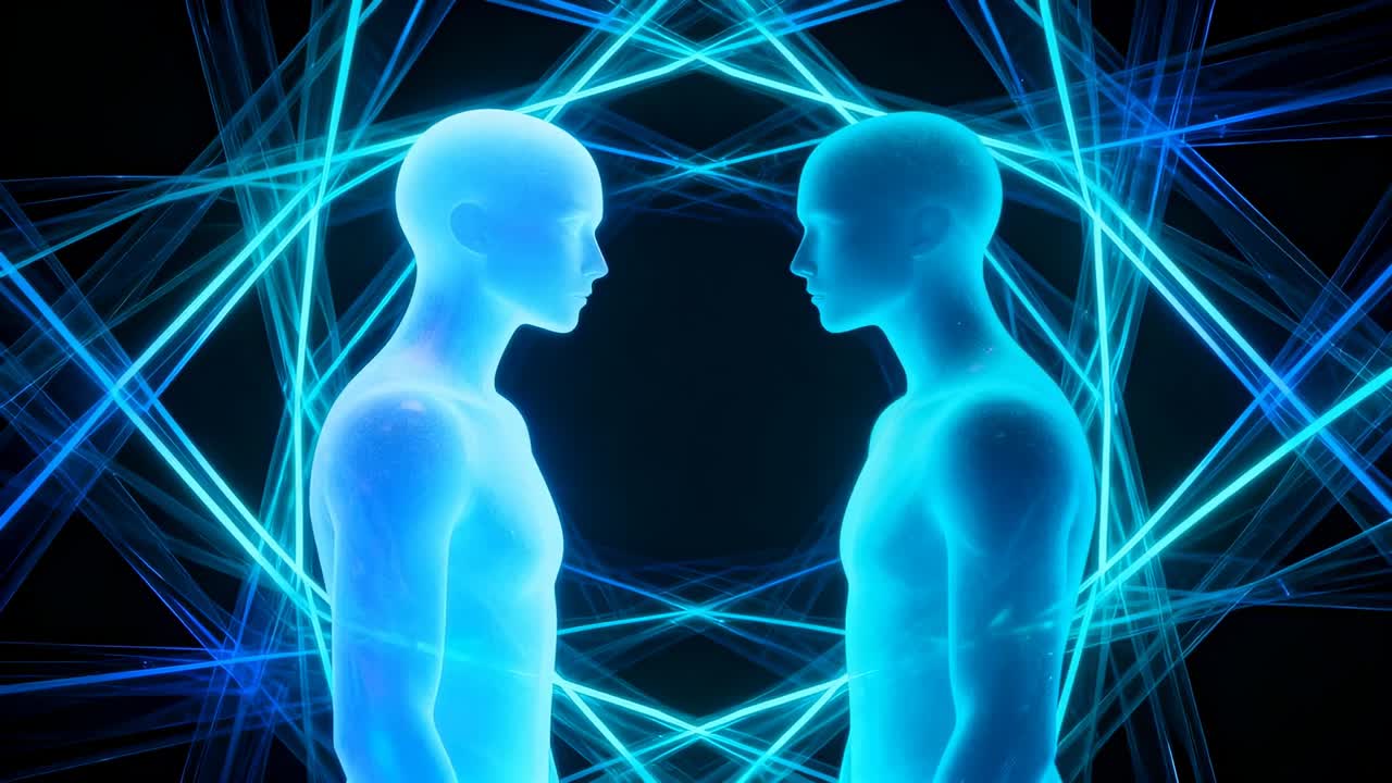 Reticolo al neon che si illumina, due forme blu che si sporgono in avanti e chiudono il divario nel vuoto digitale, a simboleggiare l'unità