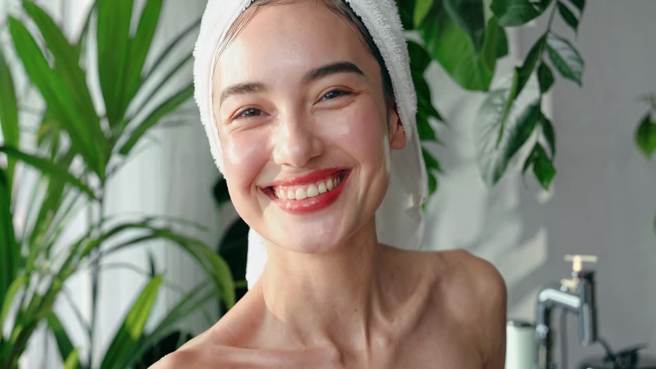El video captura una rutina de belleza fresca y natural, resaltando una atmósfera serena y tipo spa.