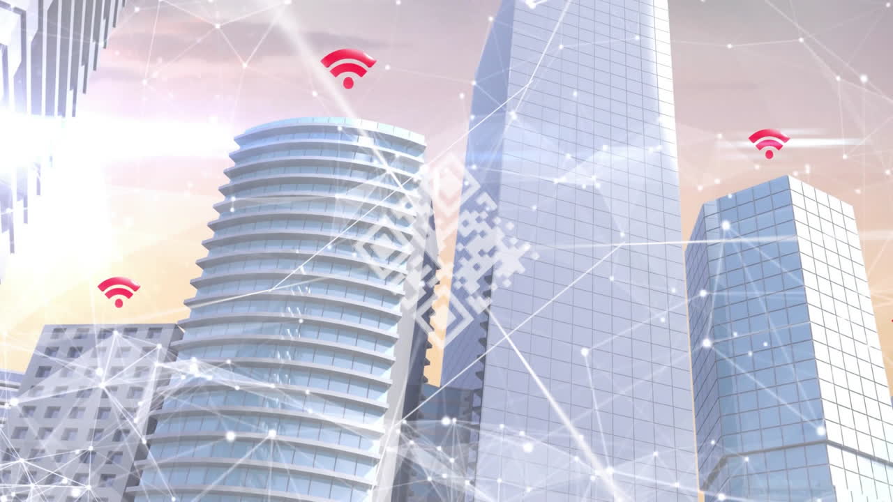 QR code and Wi-Fi symbol animation over modern city skyscrapers