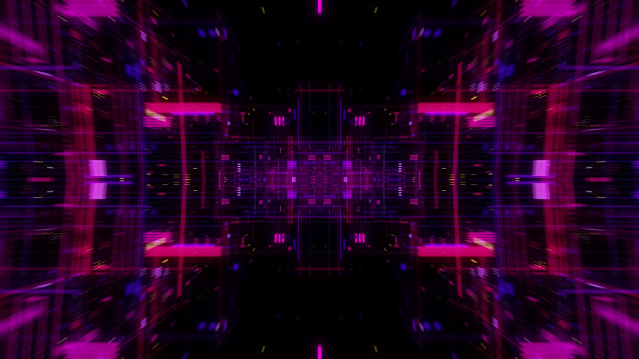 Dati virtuali su display a schermo digitale, concetto di tecnologia futura e programmazione. Unità di elaborazione centrale futuristica volante. Circuiti elettronici all'interno di un computer. Loop continuo, rendering 3D