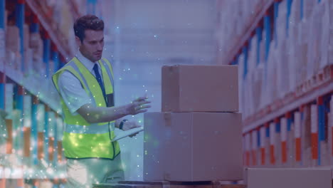 animation of glowing spots of light over caucasian man with clipboard working in warehouse,