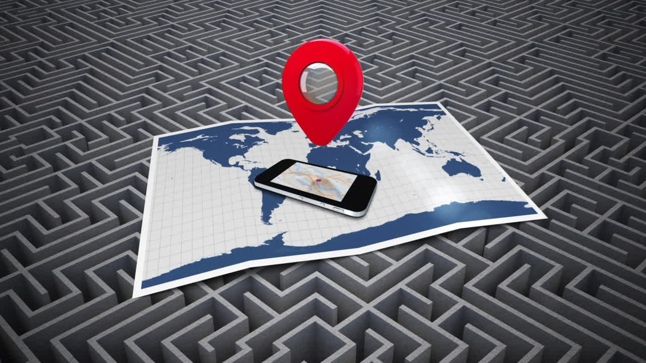 Premium stock video Animation of red tag and maze over smartphone and map