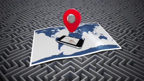 animación de la etiqueta roja y el laberinto sobre el teléfono inteligente y el mapa