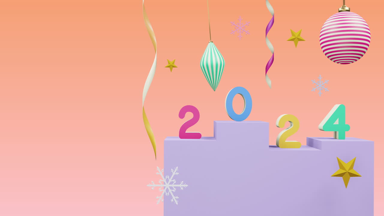 animación del número 2024 sobre el año nuevo y las decoraciones de navidad sobre fondo rosa