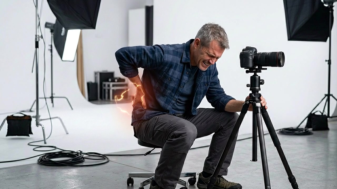 Fotografo che si tiene la parte bassa della schiena mentre è seduto accanto a fotocamera e treppiede in una scena medica realistica