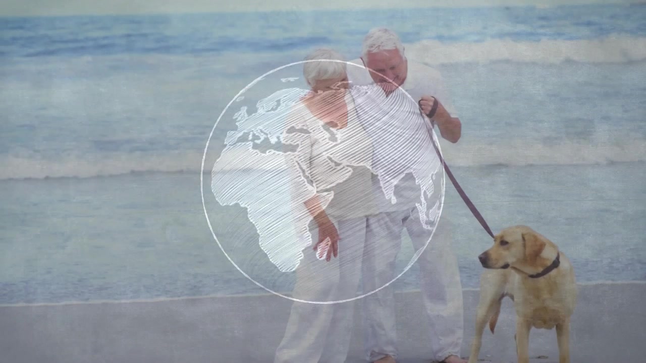 Rotating globe appearing over senior couple holding leash and Labrador, illustrating travel plans