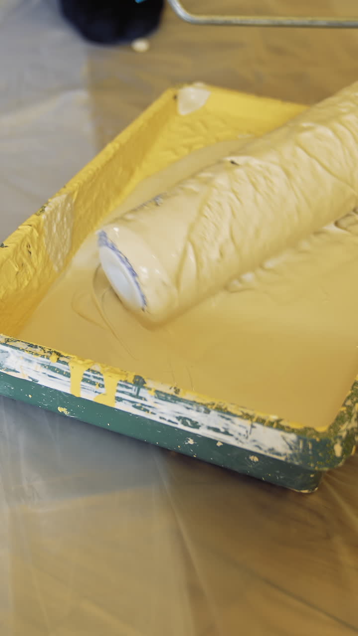 Painting wall with roller brush. Apartment redecoration and home construction while renovating and improving