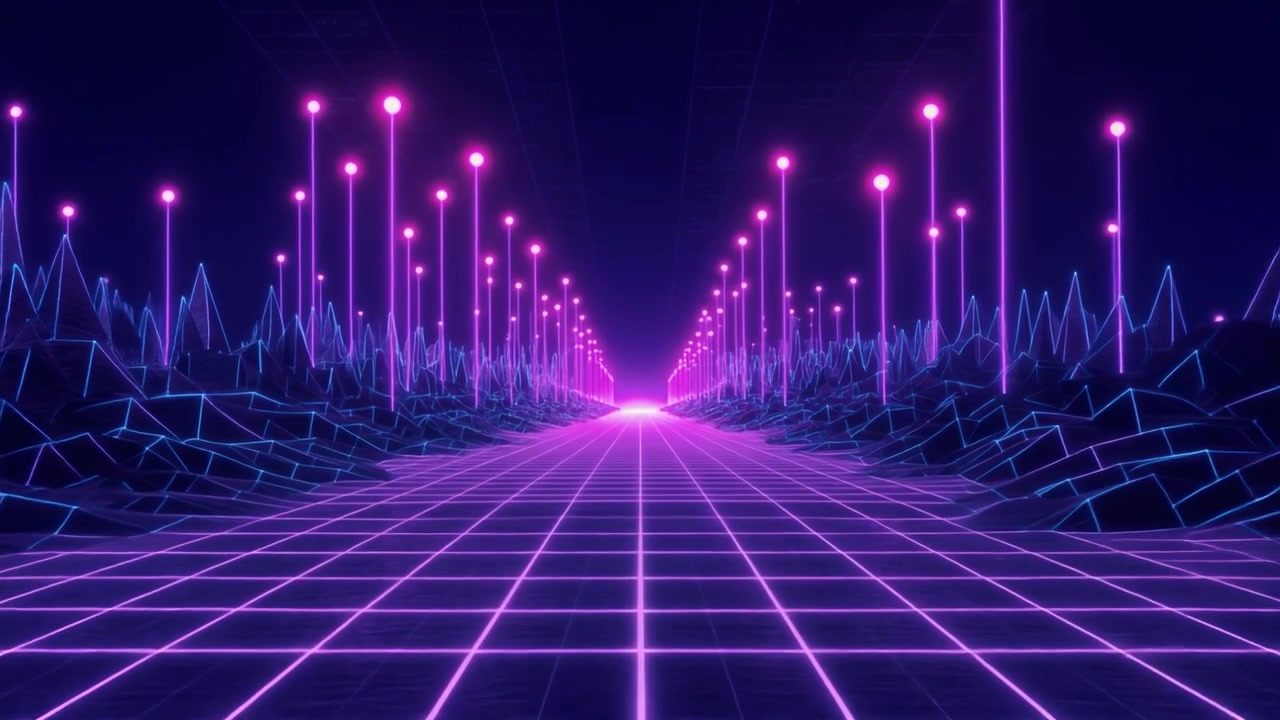 Paesaggio Digitale in Stile Retro Synthwave con Luci al Neon Scintillanti