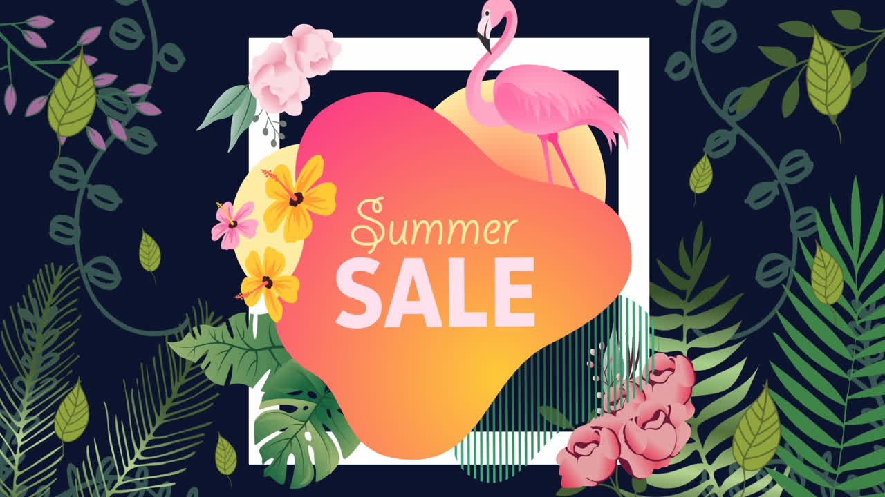 Animation de soldes d'été avec un flamant rose dans un cadre blanc sur des feuilles