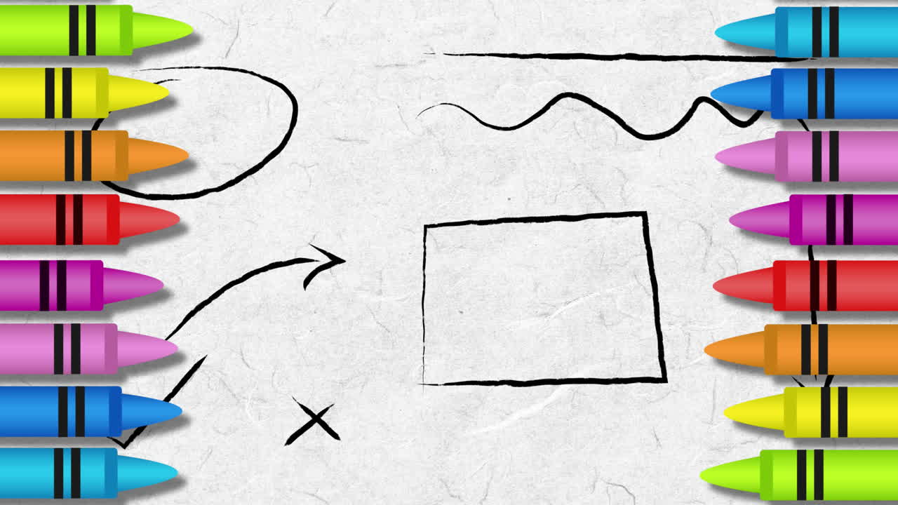 Digital animation of multiple colored crayons and abstract shapes against crumbled paper