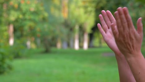 las manos de las mujeres de cerca aplaudiendo sus palmas contra el fondo de la naturaleza verde