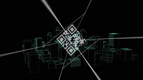 Animation-of-qr-code-and-data-processing-over-city